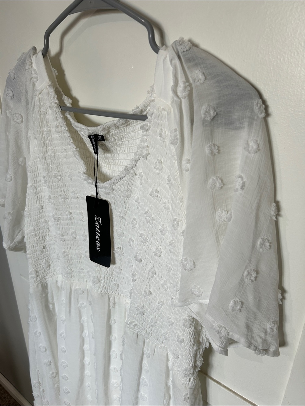 Zattcas White Swiss Dot Smocked Babydoll Dress - Picture 2 of 3